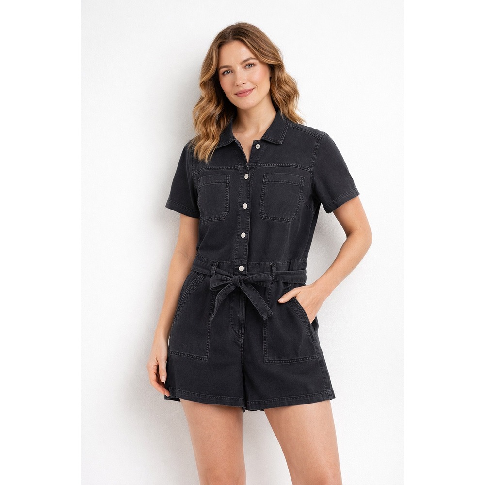 Gap Denim Utility Romper Womens‎ L Black Short Sleeve Belted Button Front Cotton